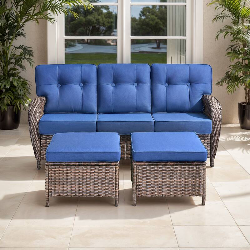 TWrap Brown Wicker Patio 3-Piece Sofa Set with 5-Inch Thick Cushions and 2 Ottomans - Brown/Navy Blue - 3-Piece