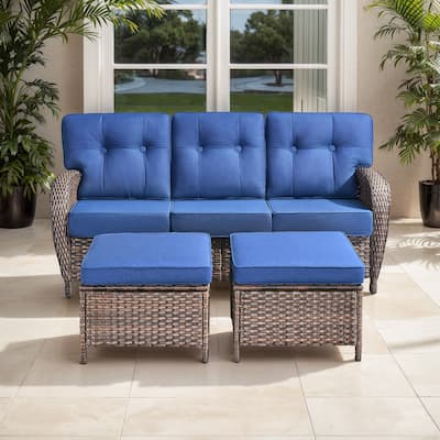TWrap Brown Wicker Patio 3-Piece Sofa Set with 5-Inch Thick Cushions and 2 Ottomans