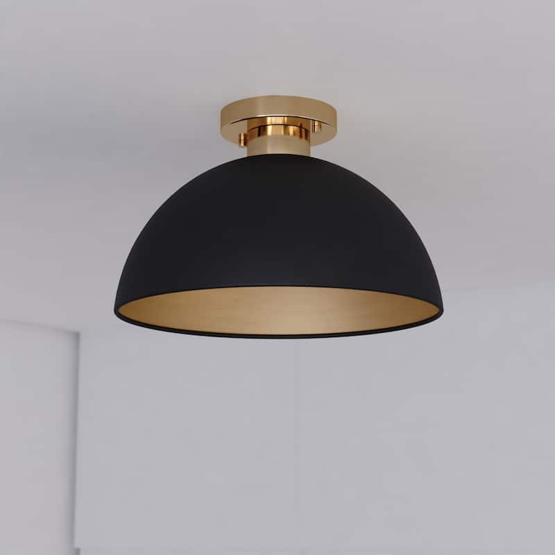 Devon 12.75-in W LED Compatible Mid-Century Modern Semi Flush Mount Ceiling Light - Matte Black and Satin Brass - 12.75-in W x 8.25-in H x 12.75-in D