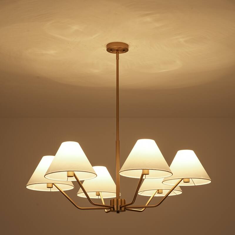 5-Light Transitional Style Brass Fabric Shade Chandelier for Living Room - 6 Light