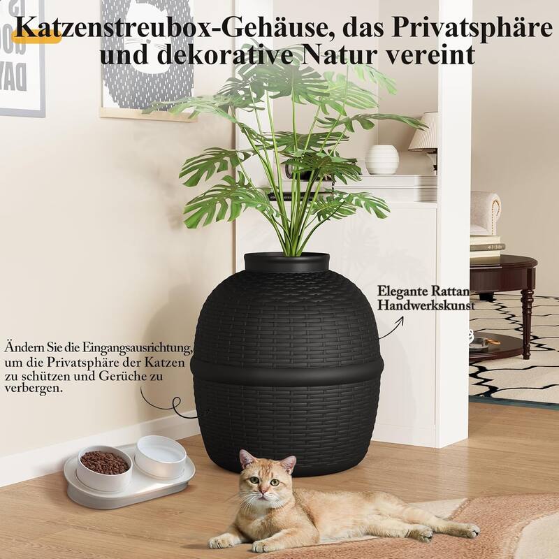 Hidden Litter Box with Faux Plant & Rattan Pattern, Large Cat Enclosure