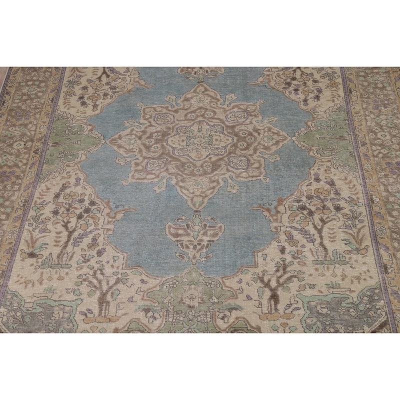 Hand Knotted Oriental 100% Wool Carpet Traditional Floral Navy Blue & Blues Tabriz Area Rug - 8' 11'' X 6' 7''