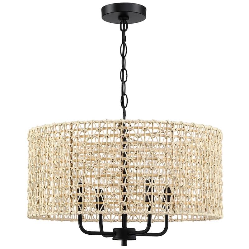 20 in. 4-Light Rattan Drum Chandelier Light with Black Canopy - 4-Light 20" W