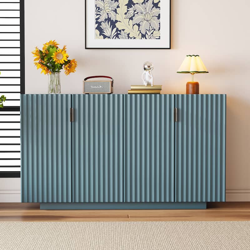 Antique Blue Buffet Cabinet Storage Cabinet Sideboard w/ Adjustable Shelves, Wavy Doors Entryway Floor Cabinet Console Table