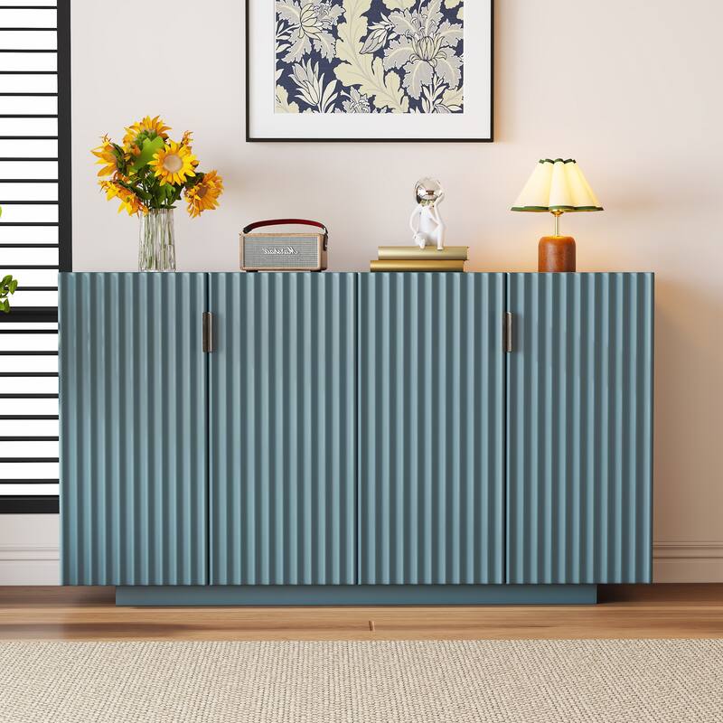 Buffet Cabinet with 4 Fluted Doors, Sideboard Cabinet with Storage, Wooden Storage Cabinet with Adjustable Shelves - Antique Blue
