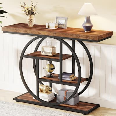 Industrial 4-Tier Sofa Table Entryway Table with Circle Base