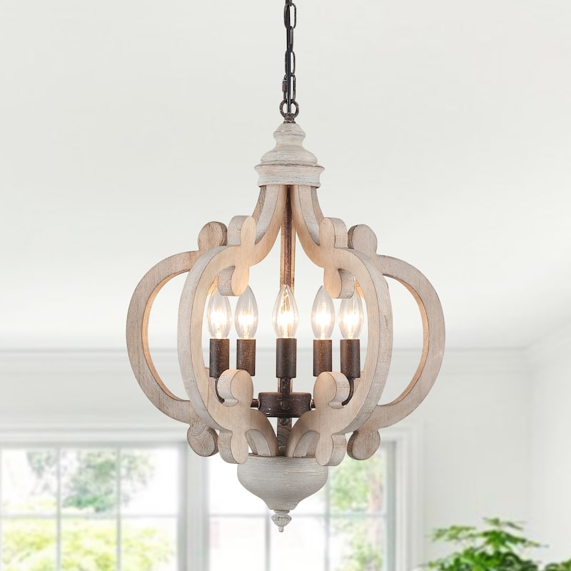 5-Light Country Wood Chandelier Light Fixture for Kitchen Island Dining Room - Antique Black+Distressed Vintage Gray