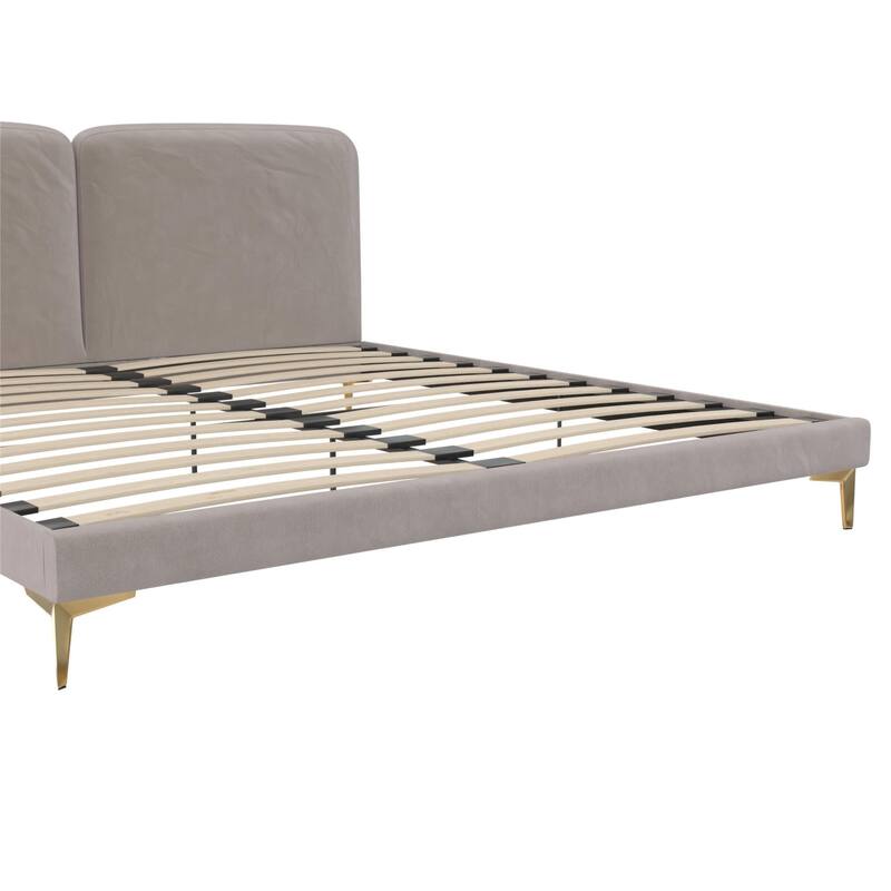 Velvet Upholstered Platform Bed with Foam-Padded Headboard, Modern Metal Legs, King Size