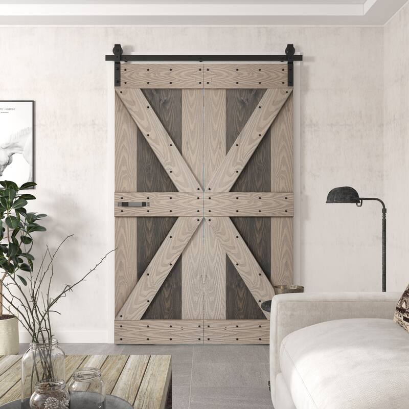 Coast Sequoia 30in./36in./48in. x 80in. Embossing Pine Wood Bi-Fold Barn Door With Sliding Hardware Kit - 36in.x80in. - Dark Gray/Light Gray
