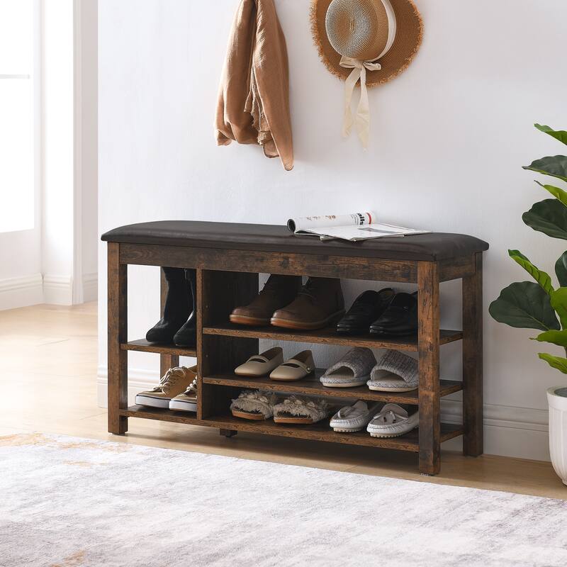 Roomfitters Height Adjustable Shoe Bench with Cushion Seat and Hidden Storage, Solid Rubberwood Frame, Charcoal Grain