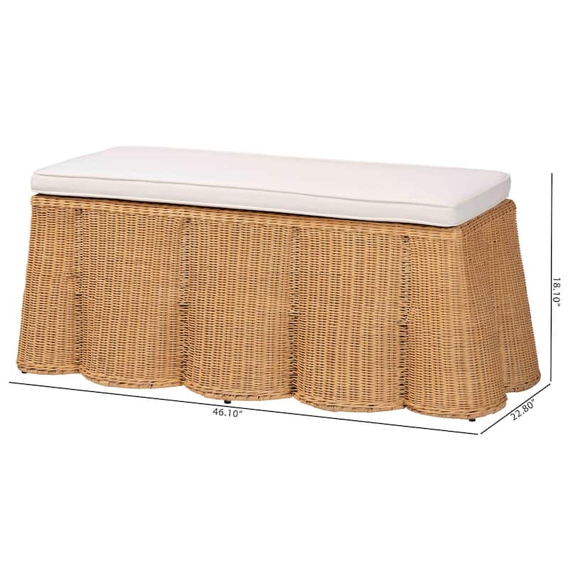 Palm Scallop Natural Rattan Ottoman with Cushion - Handwoven Wicker Bench for Living Room or Bedroom, Coastal Boho, Rectangle