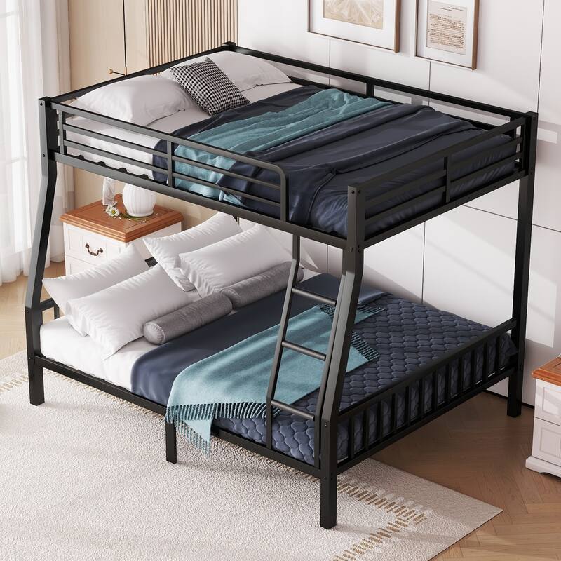 Full XL Over Queen Metal Bunk Bed with Ladder and Slats Support for Adults and Teens, Black