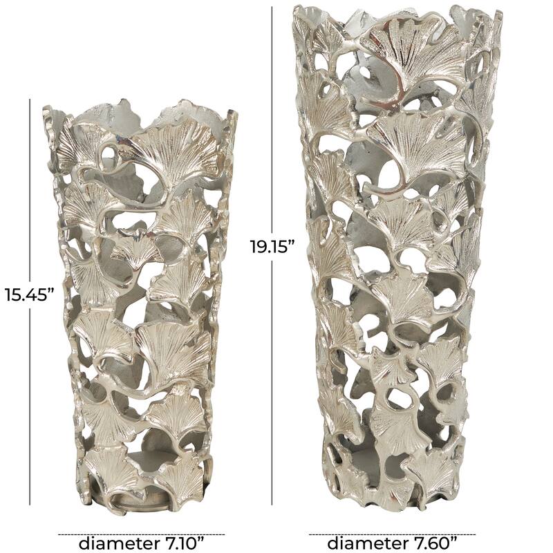 Silver Aluminum Metal Decorative Vase with Ginkgo Leaf Design (Set of 2)