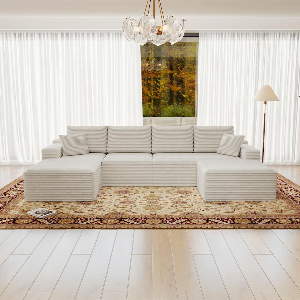 Roomfitters 131.9" Modular Sectional Sofa, 4-Piece Compressed Cloud Couch, No Assembly Required, Plush Corduroy, White