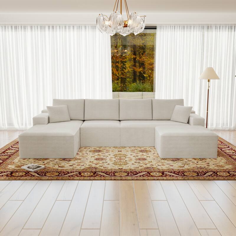 Roomfitters 131.9" Modular Sectional Sofa, 4-Piece Compressed Cloud Couch, No Assembly Required, Plush Corduroy, White - White