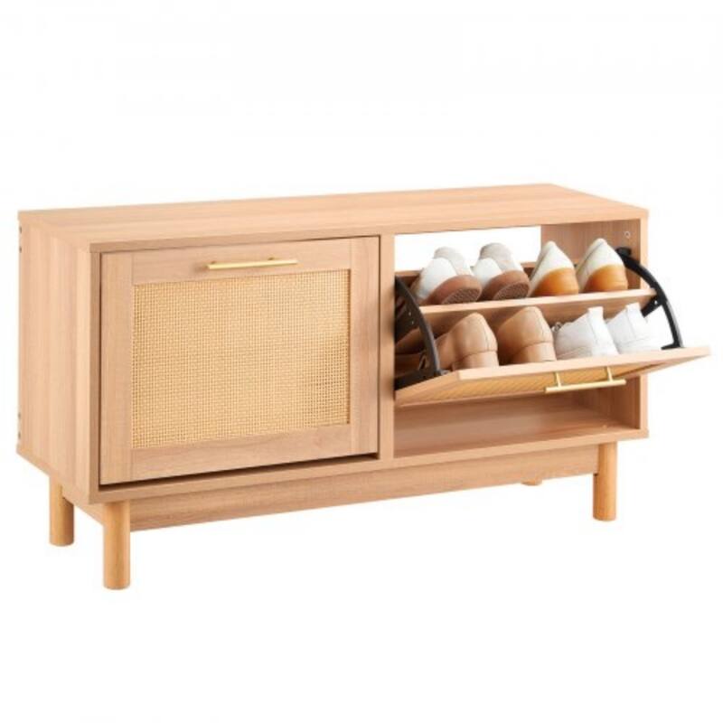 Flip Top Shoe Storage Bench Cabinet with Rattan Accent with Seating for Entryway or Hallway - 39.4” x 11.8” x 20.9”
