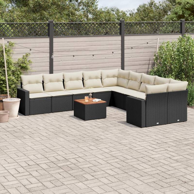 vidaXL Patio Sofa Set with Cushions Outdoor Furniture 11 Piece Poly Rattan - Black and Cream Table + 6x middle + 2x corner - 9.6 x 10.2 x 10.7