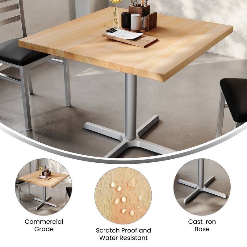 Square Solid Wood Commercial Tabletop with 30" x 30" Dining Height X-Base - 36"W x 36"D x 29.5"H