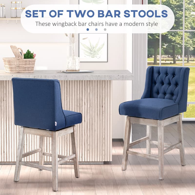 Set of 2 Vintage Swivel Counter Height Bar Stools with Linen Upholstered and Rubber Wood Legs - 18" L x 22.5" W x 39.75" D