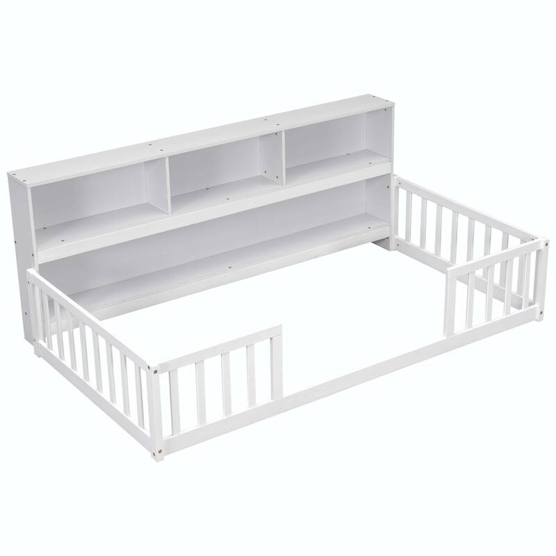 Twin Floor Bed with Bedside Bookcase and Guardrails