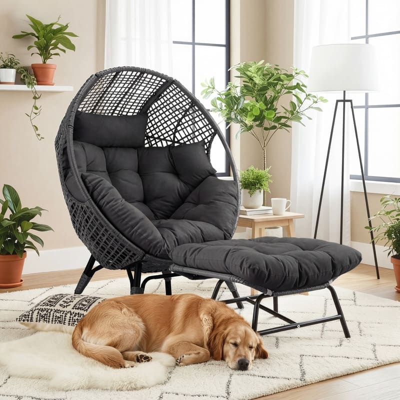 Wicker Egg Chair with Ottoman, 6.5" Cushions, 440 lb Capacity, Indoor/Outdoor Lounge Chair - 1 PC-Dark Grey