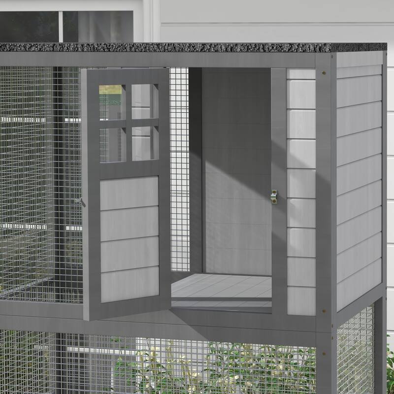 PawHut 74" Wooden Outdoor Cat House Catio Outdoor Cat Enclosure, Light Gray