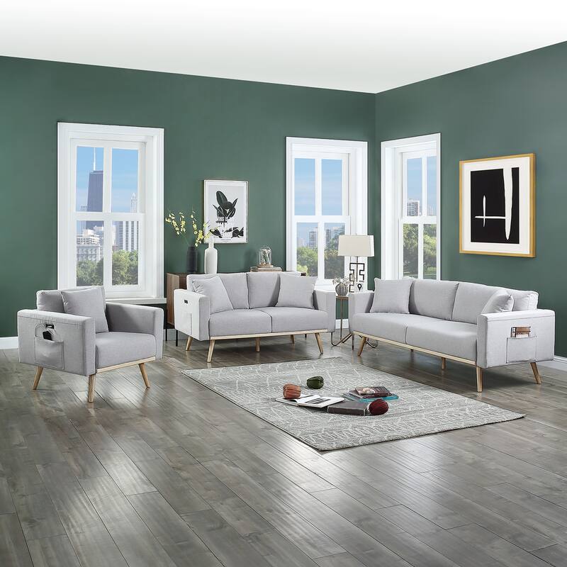 3 Piece Linen Fabric Living Room Set with USB Charging Ports and 5 Pillows