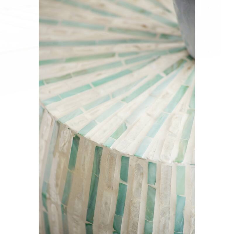Cream and Green Cylinder Accent Stool with Striped Pattern