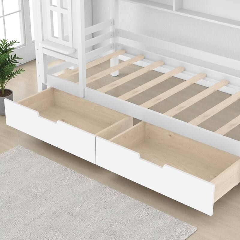 Twin/Full Size Wooden House Bed with Drawers and Shelves, Kids Platform Bed Frame with Window Roof Design
