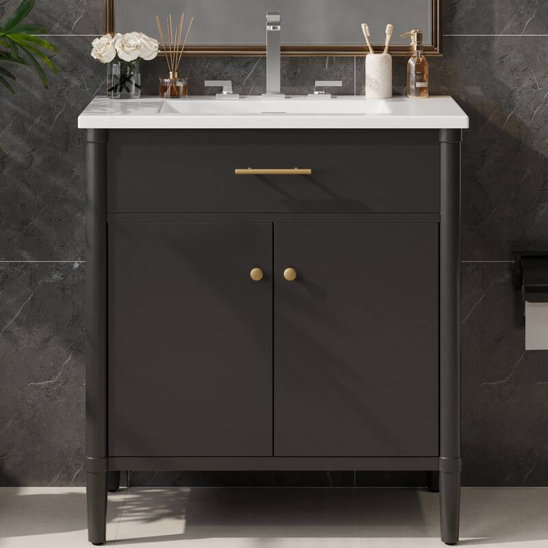 31 Inch Bathroom Vanity with Sink Soft Close Doors Adjustable Shelf Rubber Wood Legs, Curved Profile Design