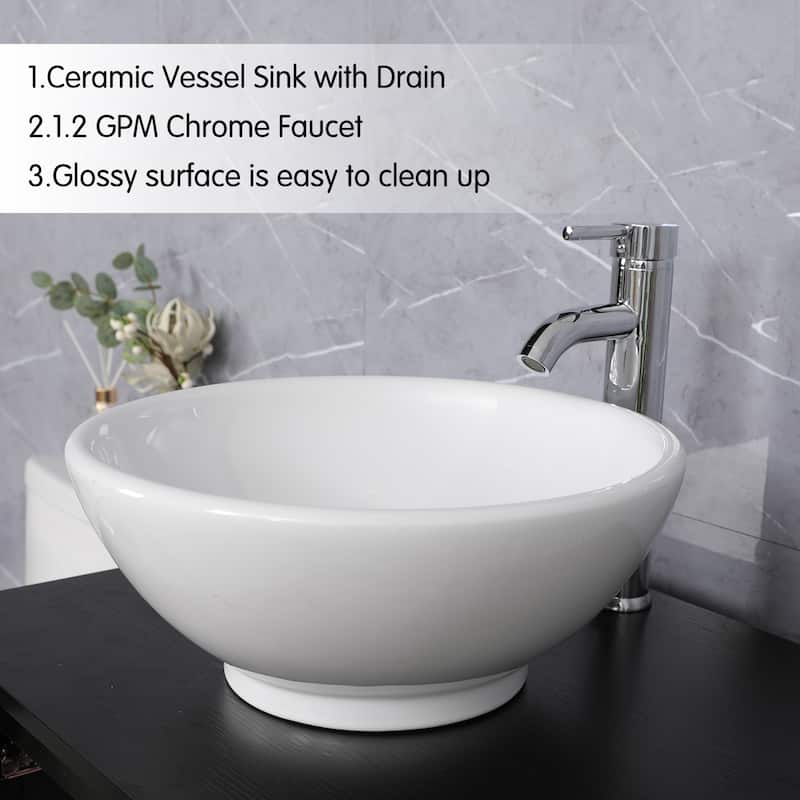 72" Bathroom Vanity Set with Vessel Sink Side Cabinet Combo - white ceramic round sink - Black
