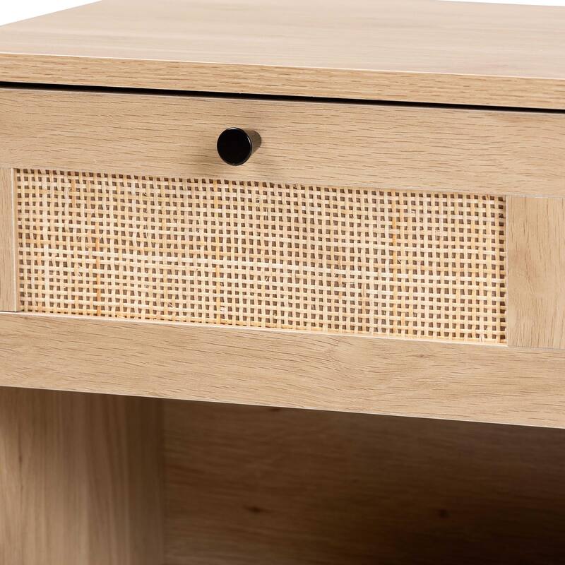 Sherwin Mid-Century Modern Light Brown and Black 1-Drawer End Table with Woven Rattan Accent