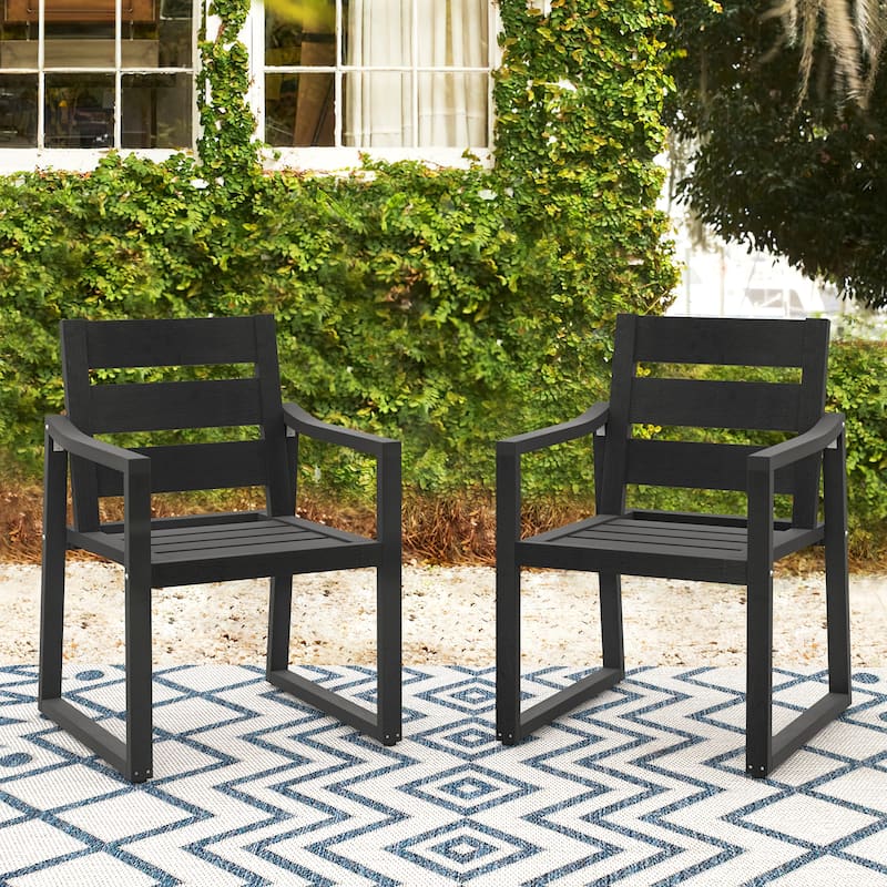 All-Weather Set of 2 Outdoor Armchair with Curved Back Plastic Wood Patio Dining Chair - Black