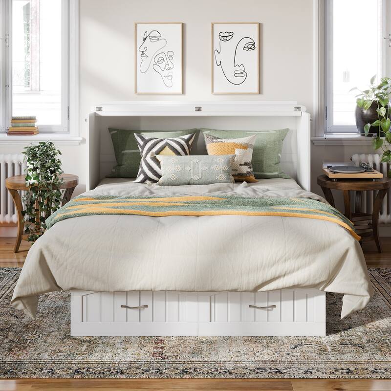Sydney Queen Murphy Bed Chest with 6" Mattress, Storage Drawer & Built-In Charger in White