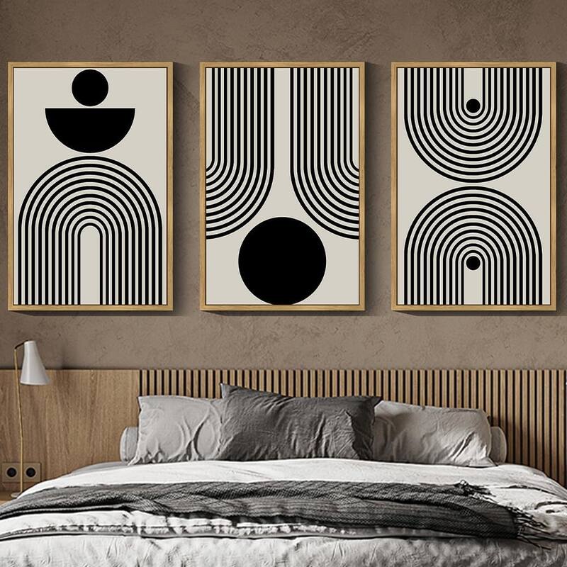 Minimalist Sun Lines Framed Canvas Painting Artwork - 24 x 36 - Natural