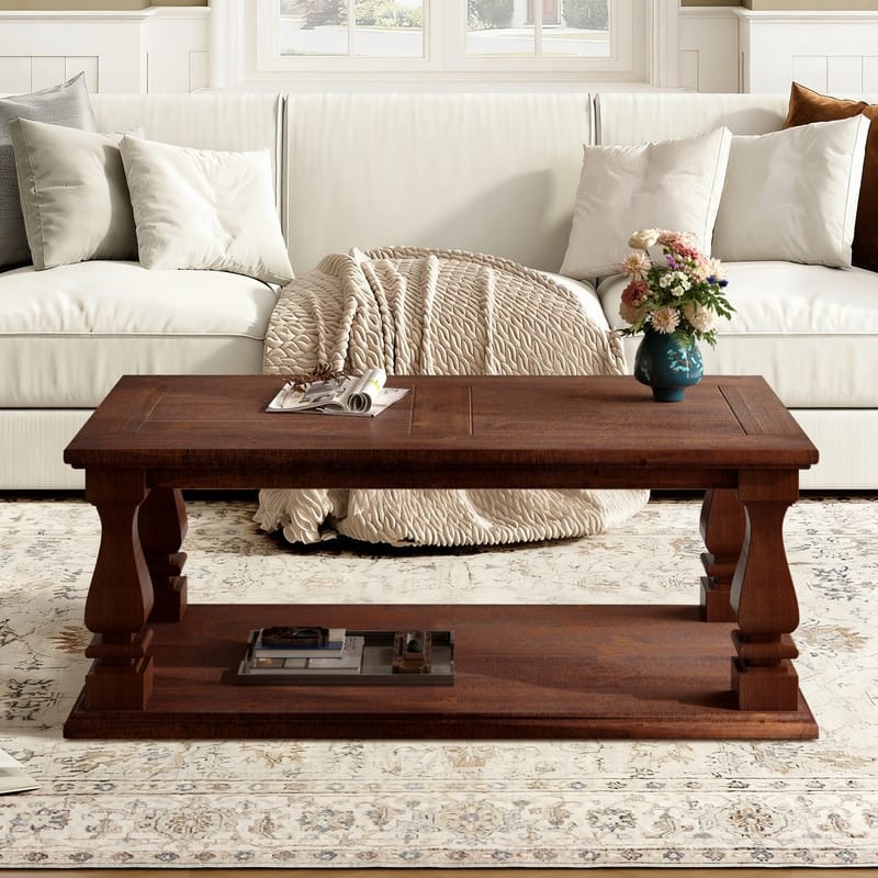 Farmhouse 47.24" Coffee Table with Heavy Planked Top and Storage for Rustic Living Room Style - Antique Brown