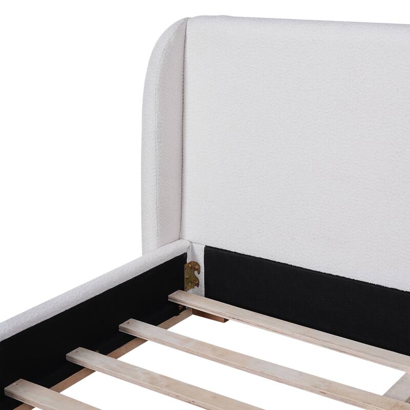 King/Queen Size Bed Frame with Boucle Upholstered Wingback Headboard and Solid Wood Base