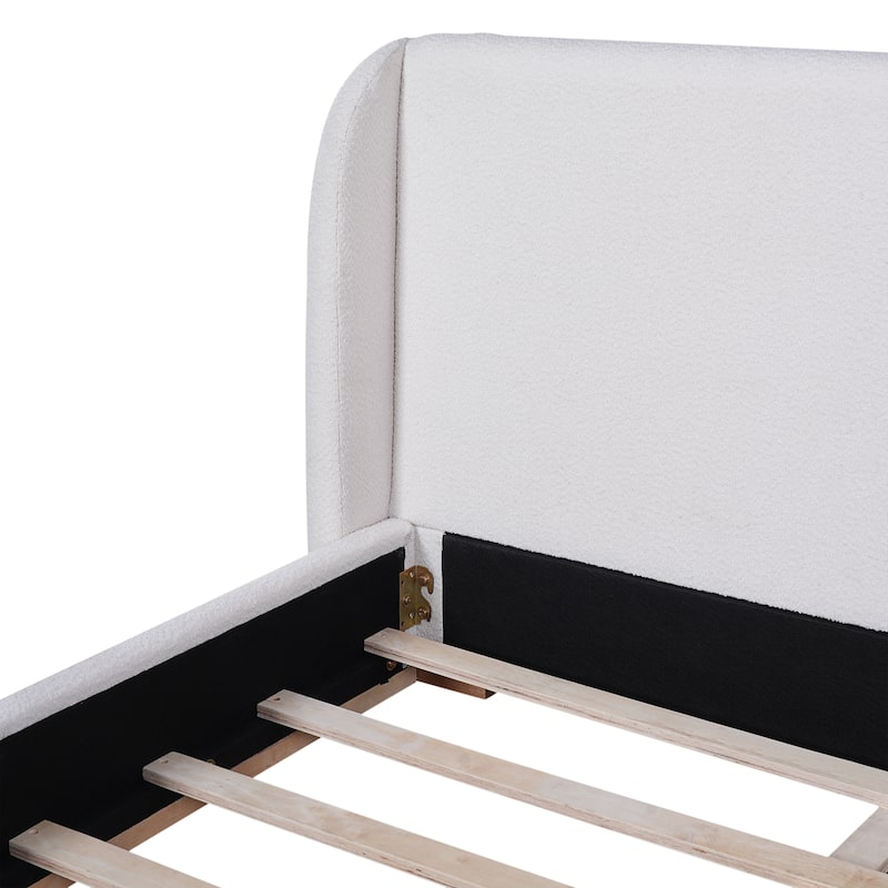 White Low Profile Platform Bed Ground Bed Boucle Frame with Upholstered Wingback Headboard