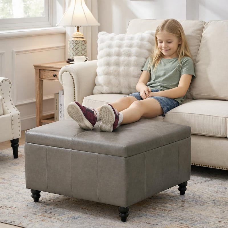 Leather Square Storage Ottoman for Living Room, Brown/ Black 30"W x 30"D x 18.1"H