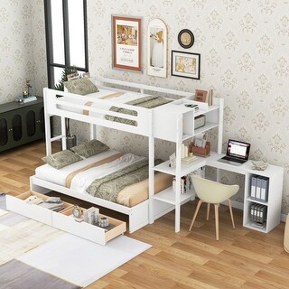 Pine Wood Twin over Full Bunk Bed with Shelves, Desk and Drawers