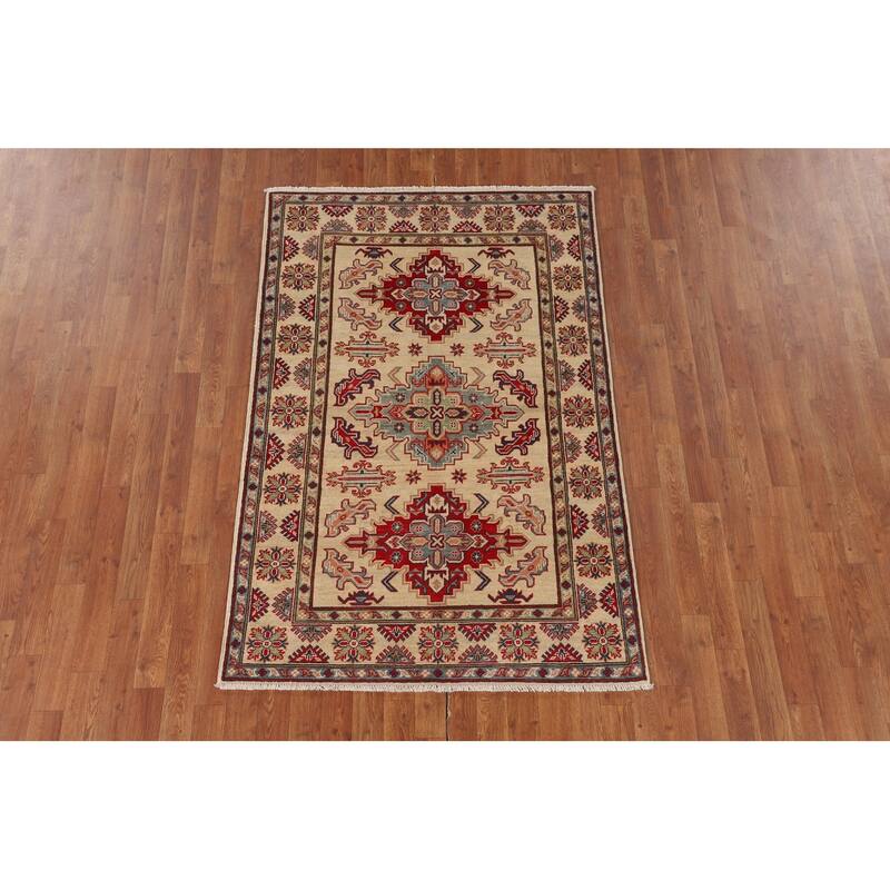 Geometric Beige Kazak Area Rug Handmade Oriental Wool Carpet - 3'11" x 5'10"