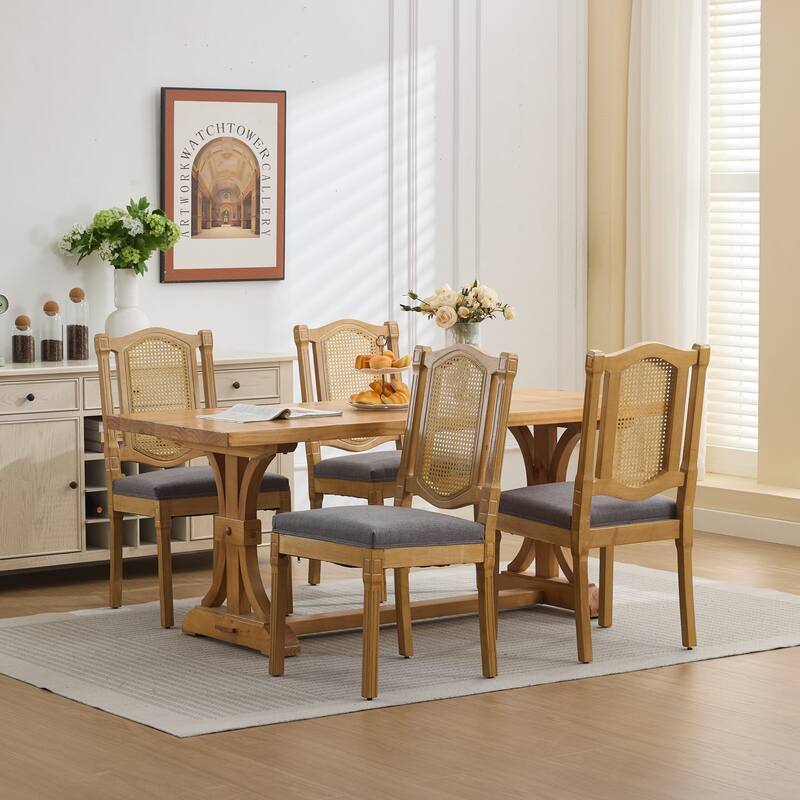 Roomfitters French Country Dining Chairs Set of 2 with Rattan Back and Upholstered Seat, Farmhouse Wood Side Chairs