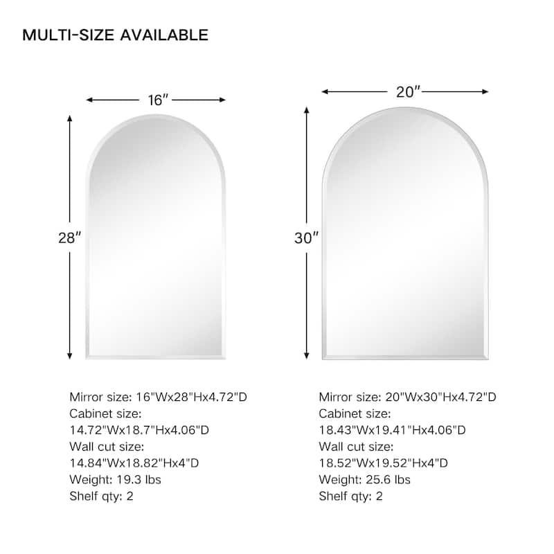 TEHOME Surface and Recessed Mount Frameless Arched Bathroom Medicine Cabinet with Mirror
