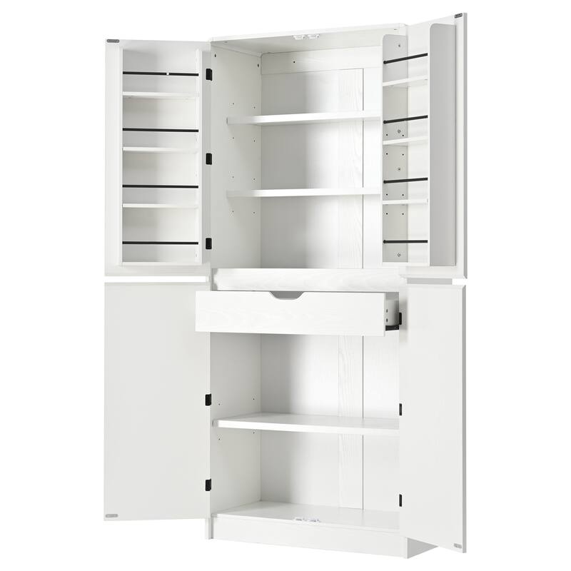 Farmhouse Kitchen Pantry Cabinet Storage Cupboard with 8 Door Shelves, 3 Adjustable Interior Shelves, Hidden Drawer