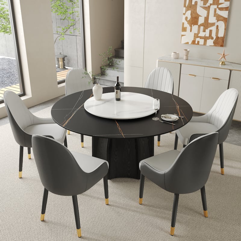 59.05'' Modern Round Sintered Stone Table Top Black Wood Pedestal with Lazy Susan - black top&black pedestal & white lady susan 