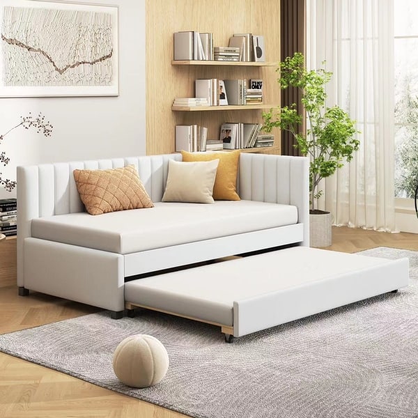 slide 2 of 13, Twin Mattress Holde Daybed Frame with Trundle - Beige Beige - Twin