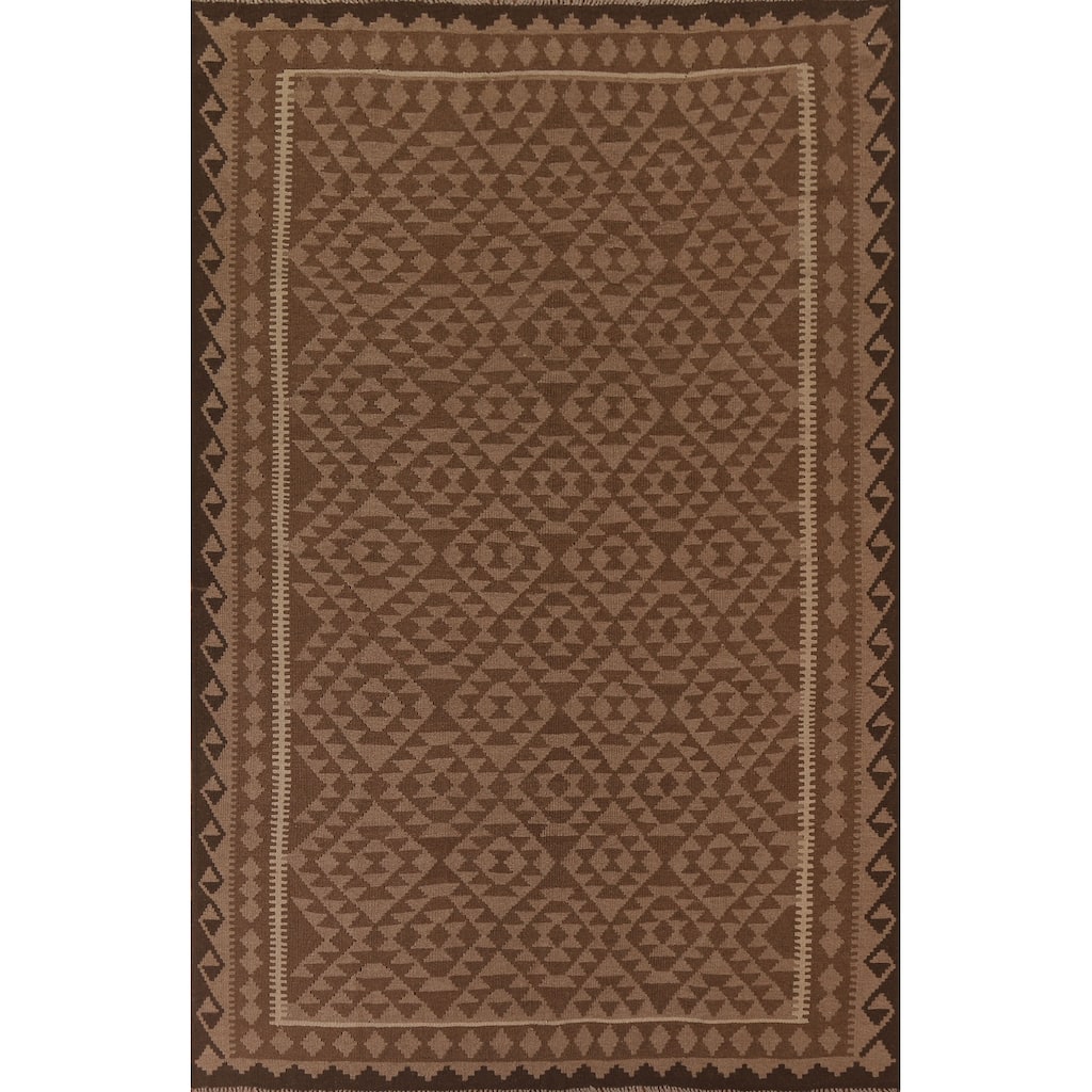 Hand Woven Oriental 100% Wool Carpet Southwestern Geometric Brown Kilim Area Rug - 9' 4'' X 6' 8''