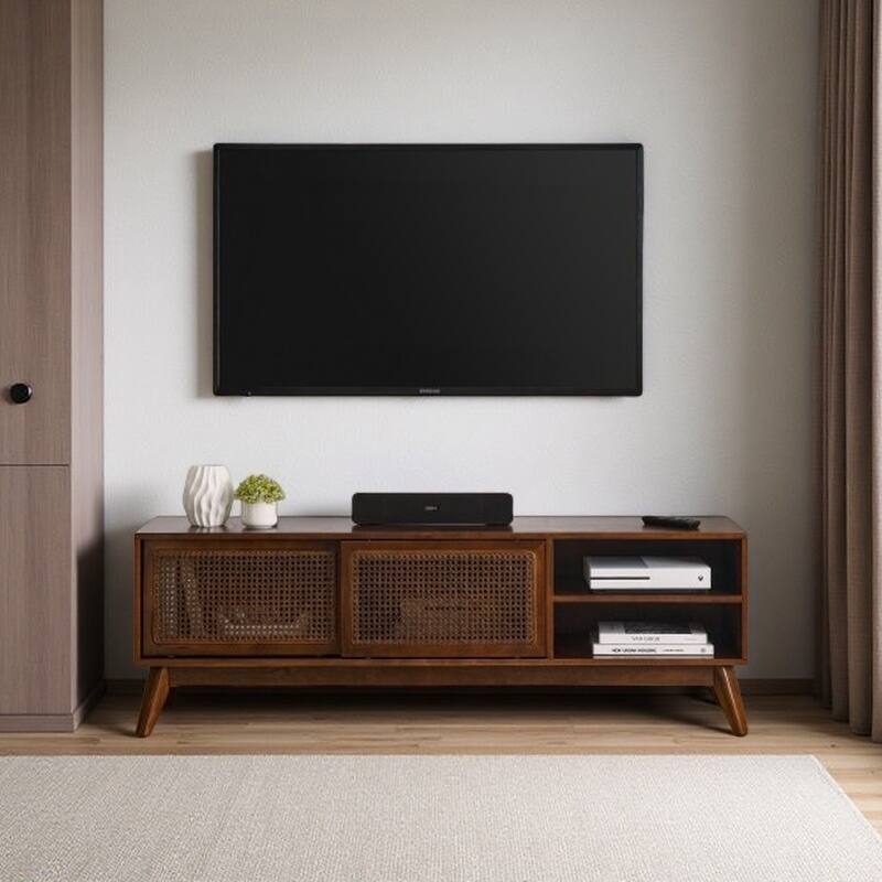59" Dark Wood TV Stand with Rattan Sliding Doors, Boho Media Console with Solid Wood Legs & Adjustable Feet - Walnut