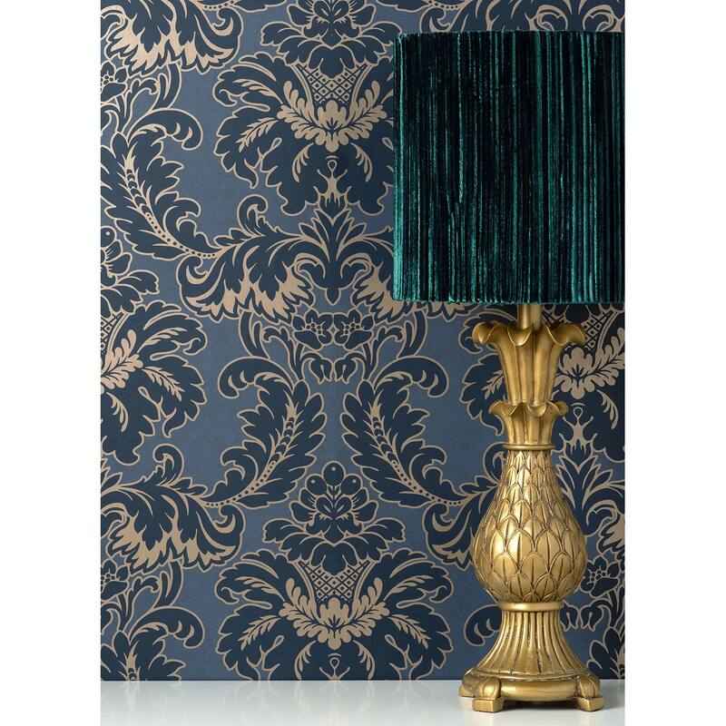 Brewster Windsor Blue Damask Wallpaper