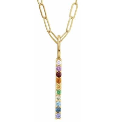 Yellow Natural Multi-Gemstone Rainbow Bar Pendant 1" Tall 18" Necklace